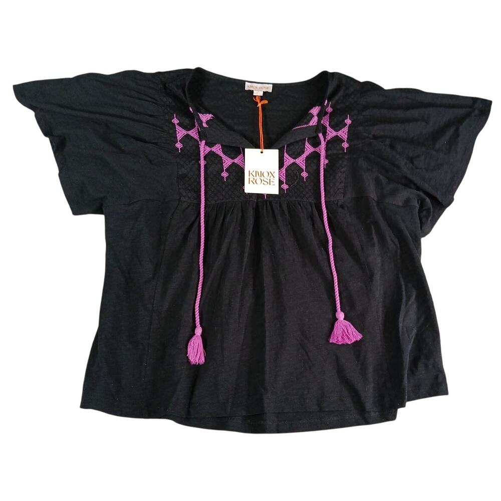 Knox Rose Shirt Women Medium Black Boho Cottagecore Short Sleeve Embroidered NWT